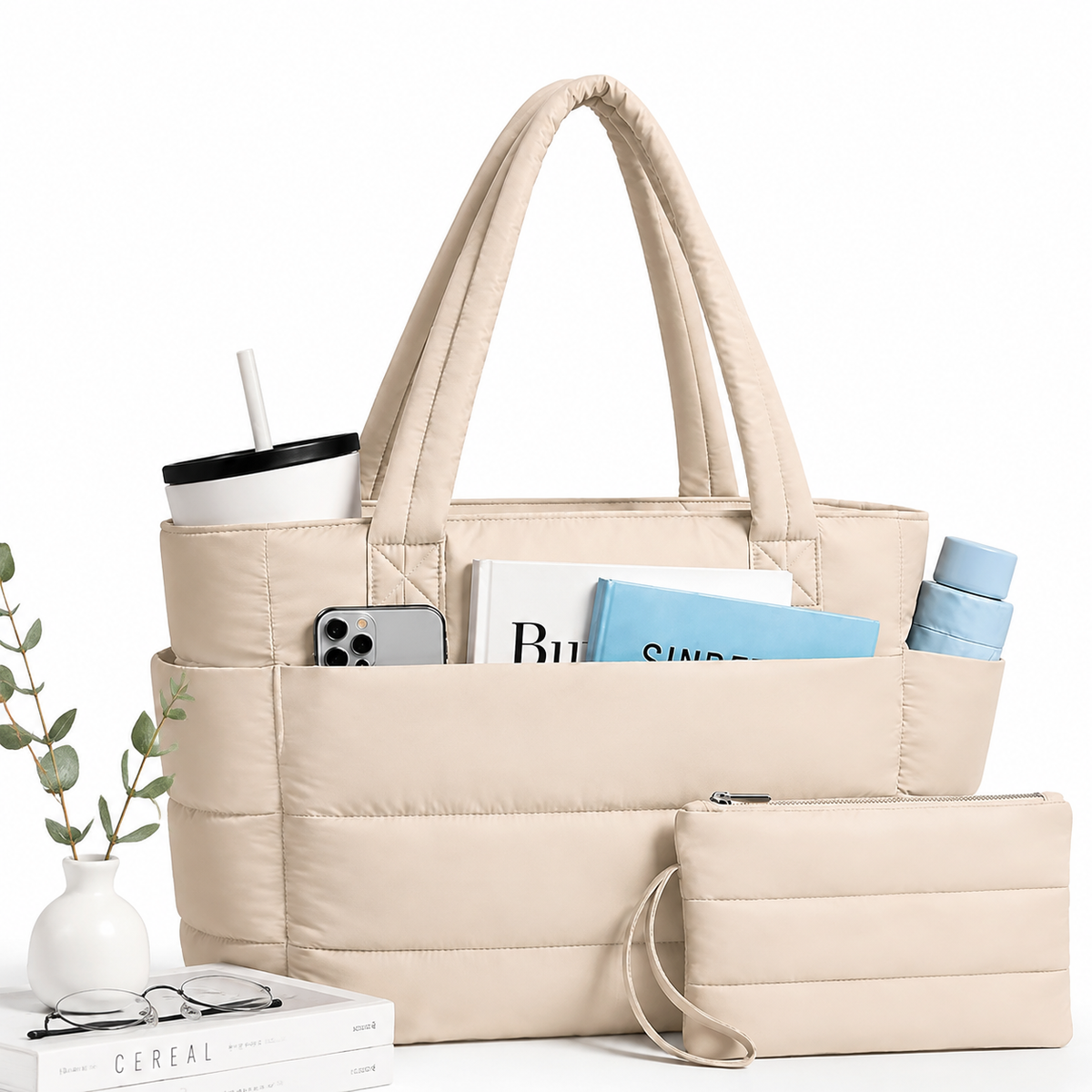Women's Quilted Tote Bag with Large Capacity and Laptop Compartment