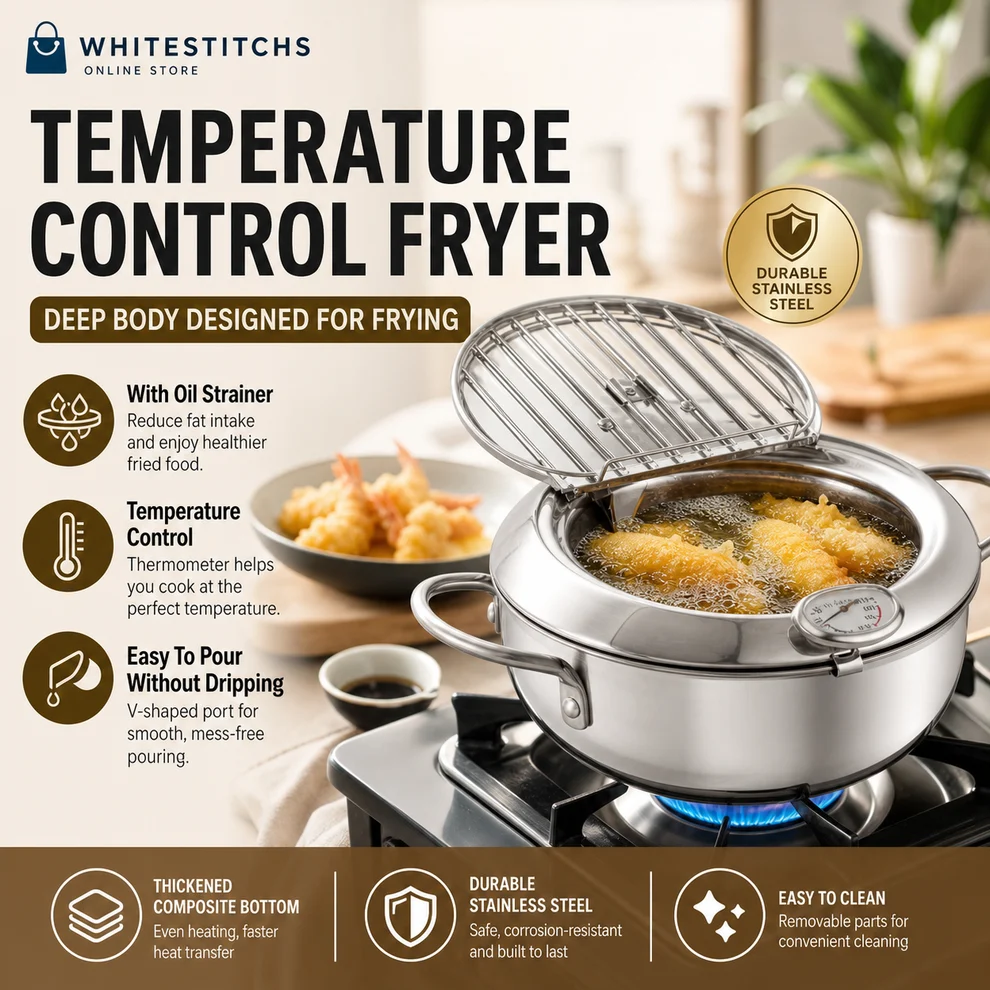 ⏳ Time-Limited Special ⏰ Deep Fryer Pot with Thermometer & Oil Drain Rack – Stainless Steel ✨