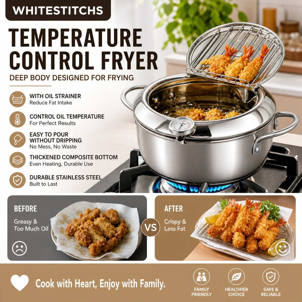 ⏳ Time-Limited Special ⏰ Deep Fryer Pot with Thermometer & Oil Drain Rack – Stainless Steel ✨