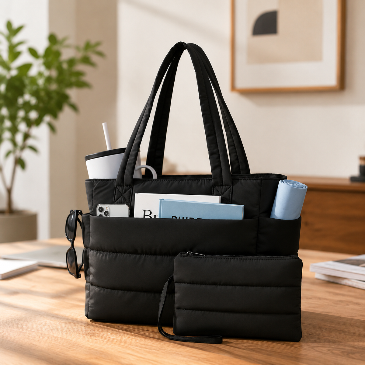 Women's Quilted Tote Bag with Large Capacity and Laptop Compartment
