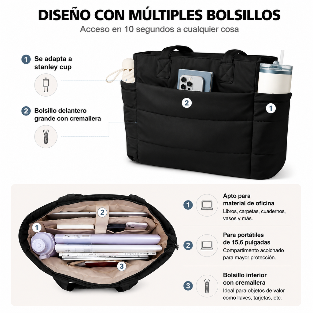 Women's Quilted Tote Bag with Large Capacity and Laptop Compartment