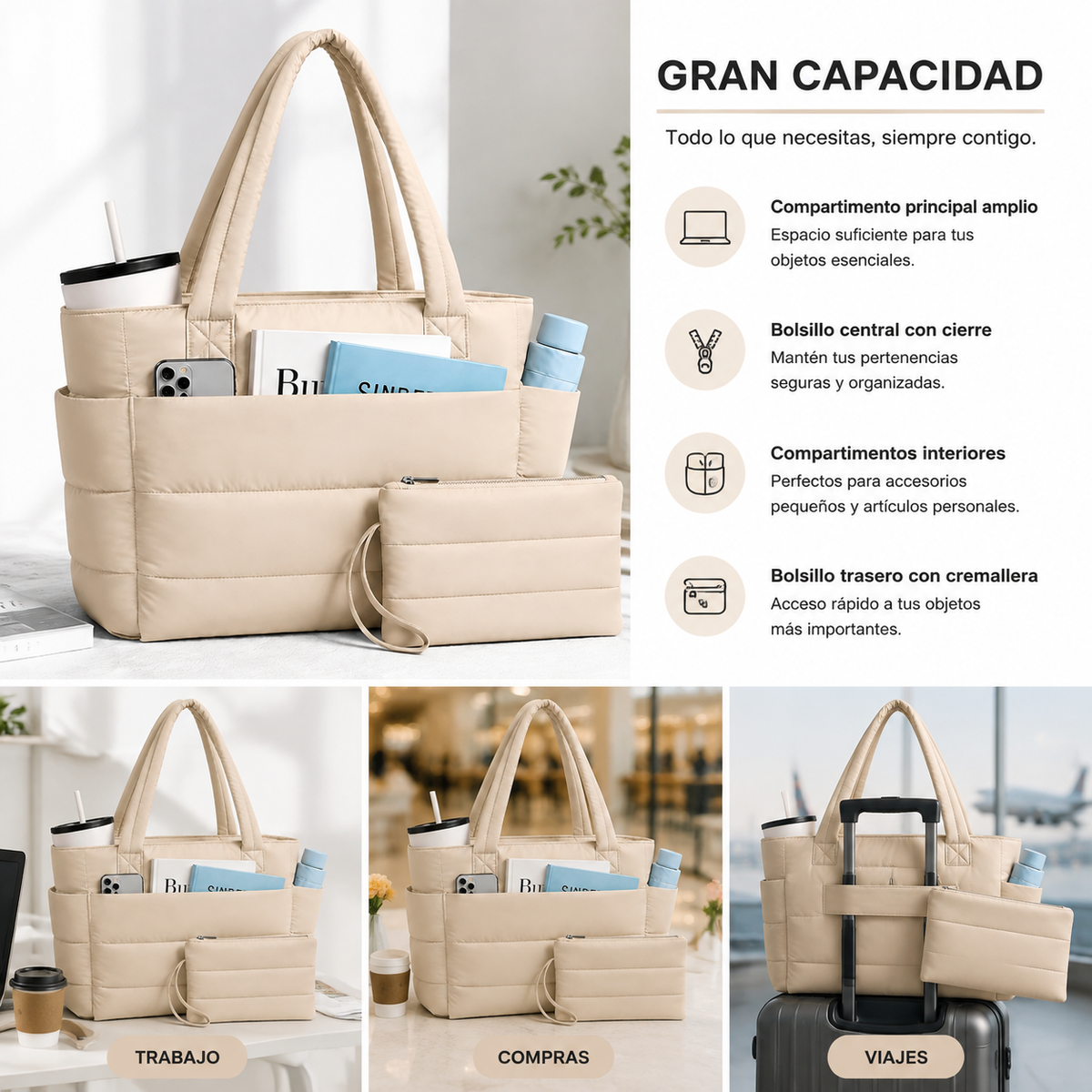 Women's Quilted Tote Bag with Large Capacity and Laptop Compartment